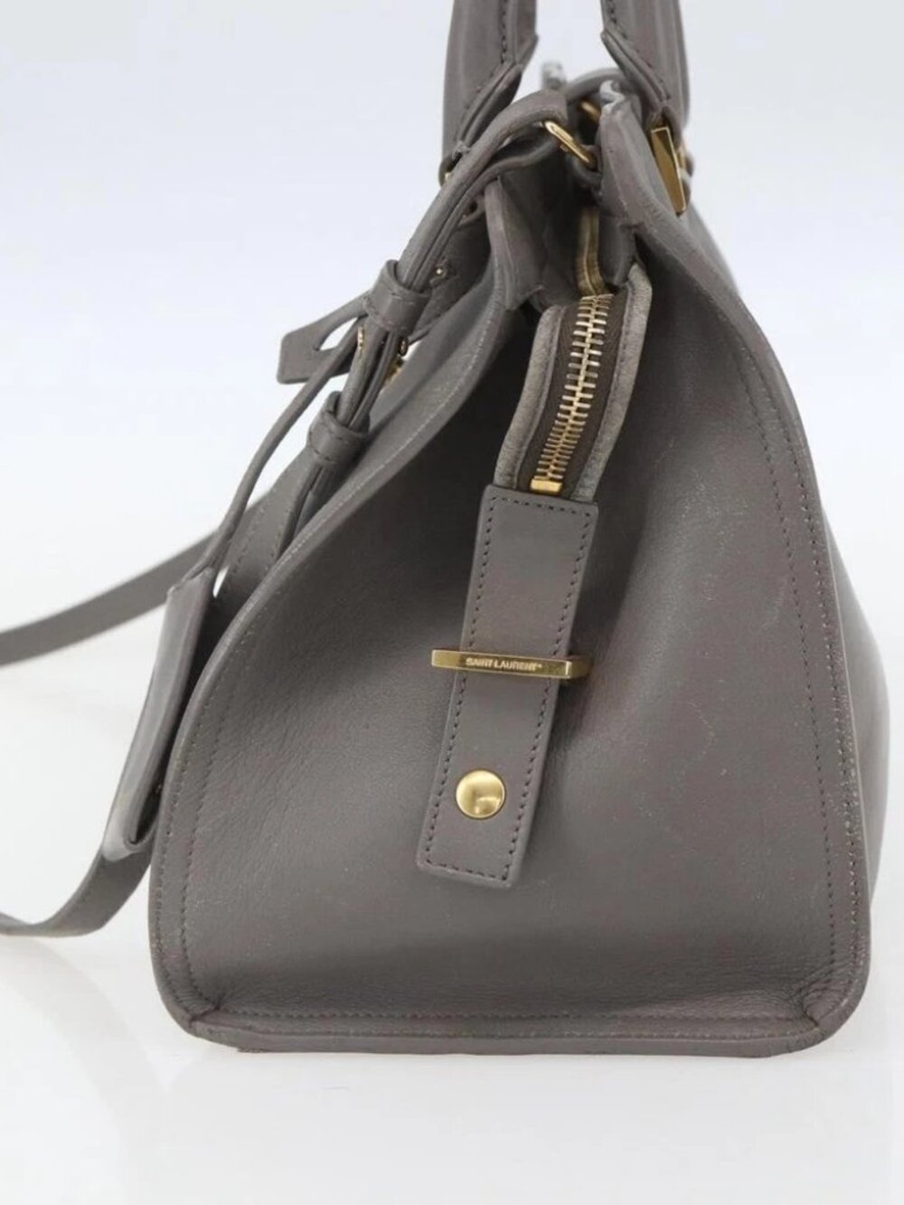 SAINT LAURENT Petit Cabas Hand Bag Leather 2way Gray Gold Auth - Picture 3 of 15